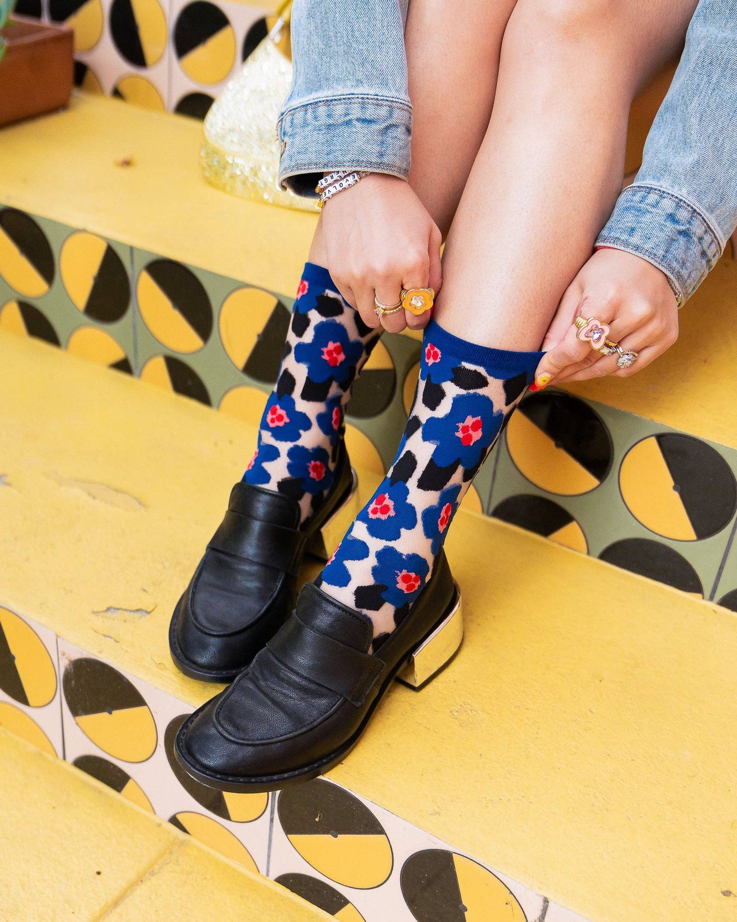 Bold Blue Floral Sheer Crew Socks