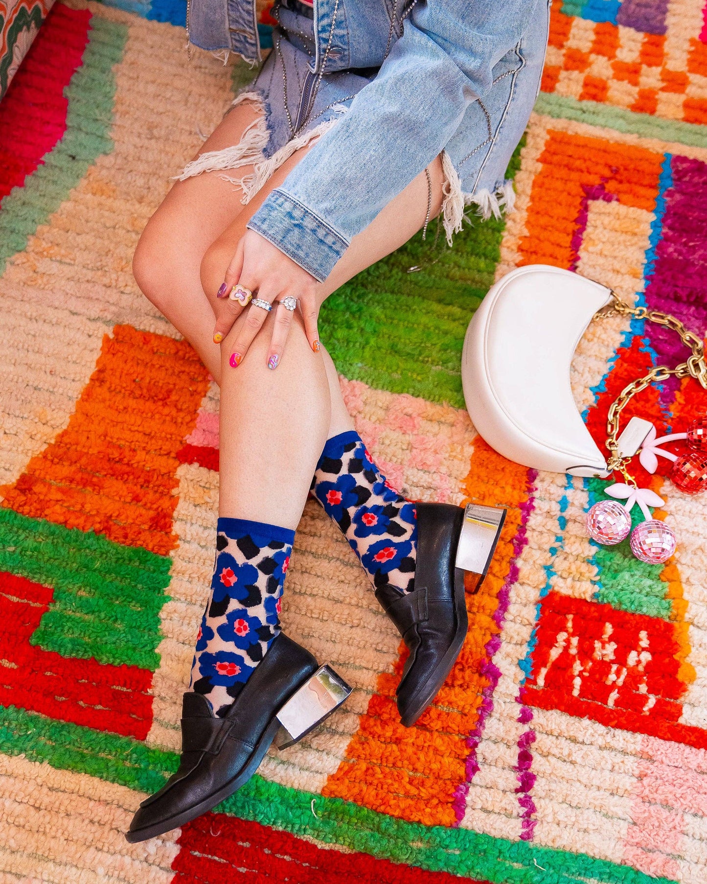 Bold Blue Floral Sheer Crew Socks