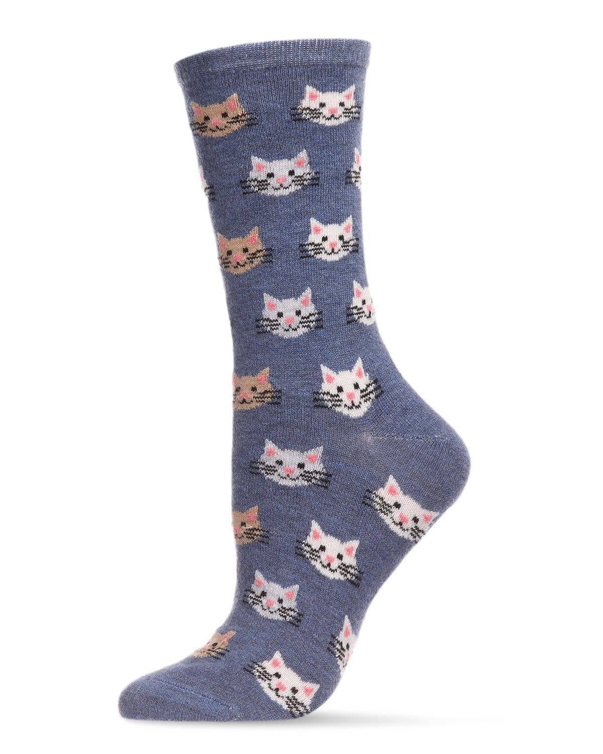 WOMEN'S CAT FACE CASHMERE BLEND CREW SOCKS
