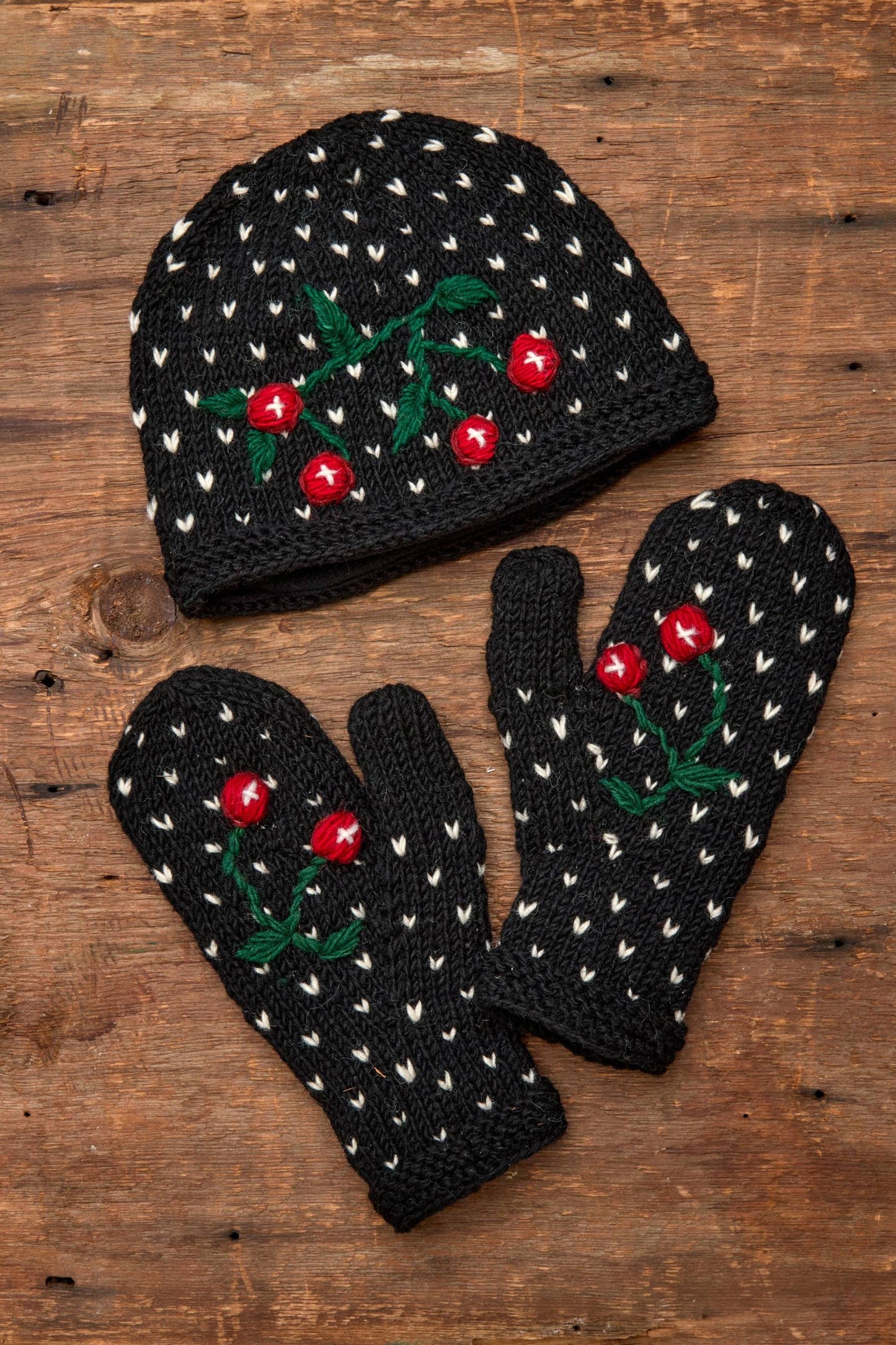 Cherries Noir Knit Mittens