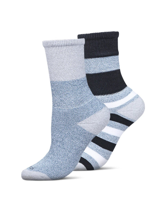 2 PAIR UNISEX DIABETIC MULTI-STRIPE FULL CUSHION CREW SOCKS