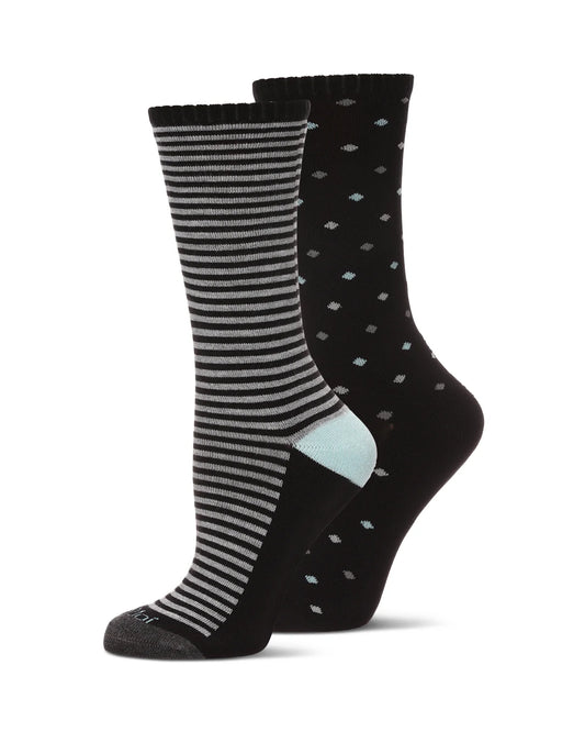 2 PAIR DIABETIC DOTS/STRIPES HALF CUSHION BAMBOO CREW SOCKS