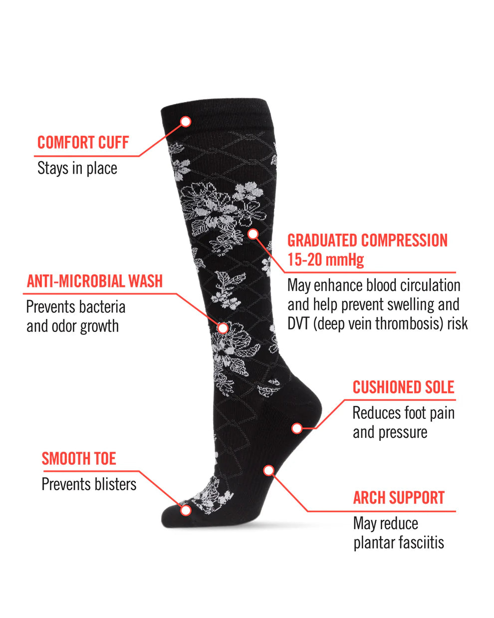 FLORAL LINK NYLON 15-20MMHG GRADUATED COMPRESSION SOCKS