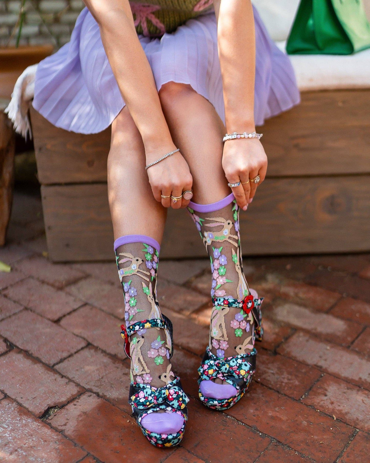 Rabbit Floral Black Sheer Crew Socks