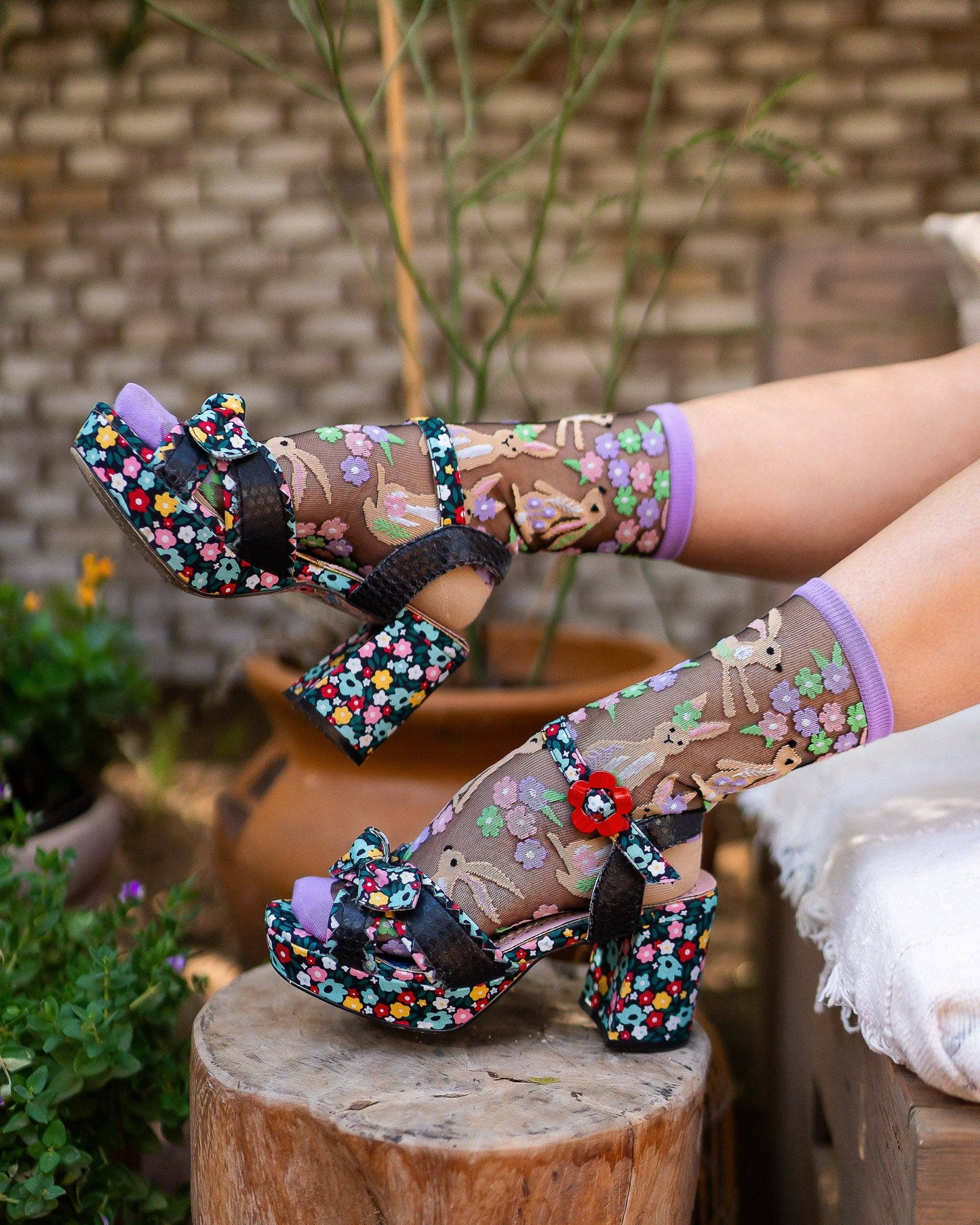 Rabbit Floral Black Sheer Crew Socks