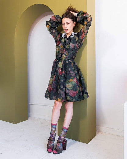 Dark Florals Black Sheer Crew Socks