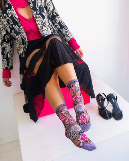 Skulls & Roses Black Sheer Crew Socks