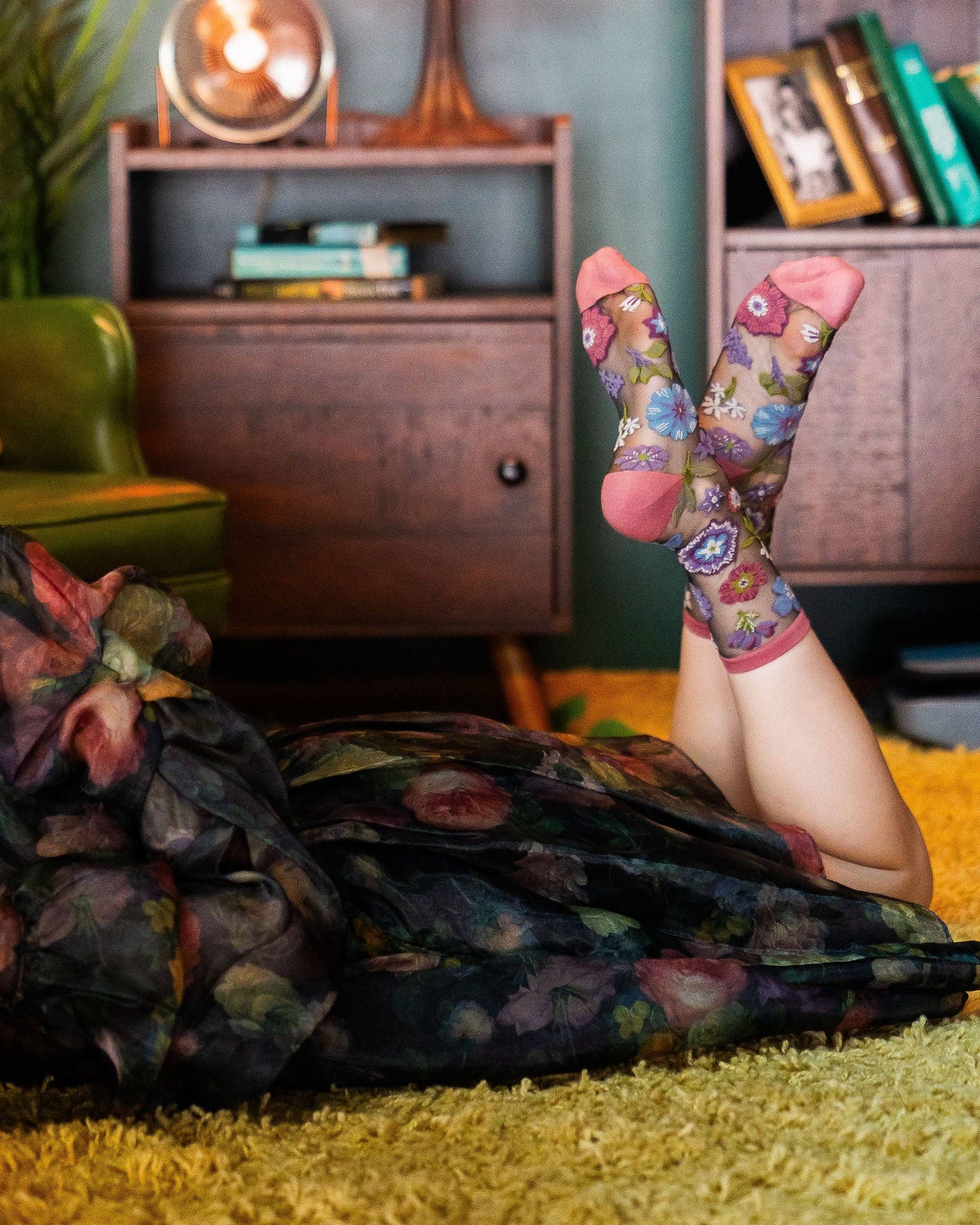 Dark Florals Black Sheer Crew Socks