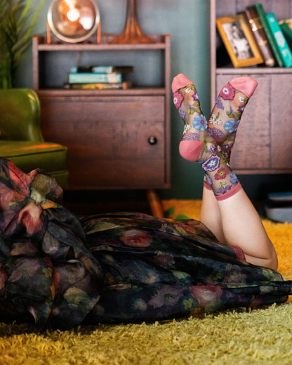 Dark Florals Black Sheer Crew Socks