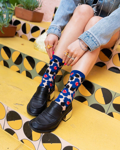 Bold Blue Floral Sheer Crew Socks