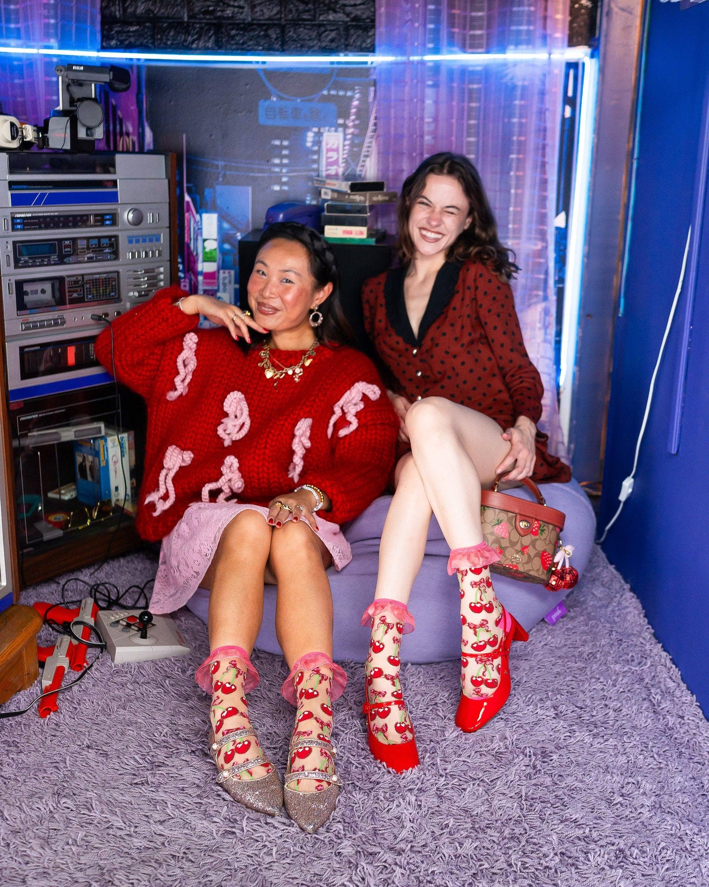 Cherry Bow Ruffle Sheer Crew Socks