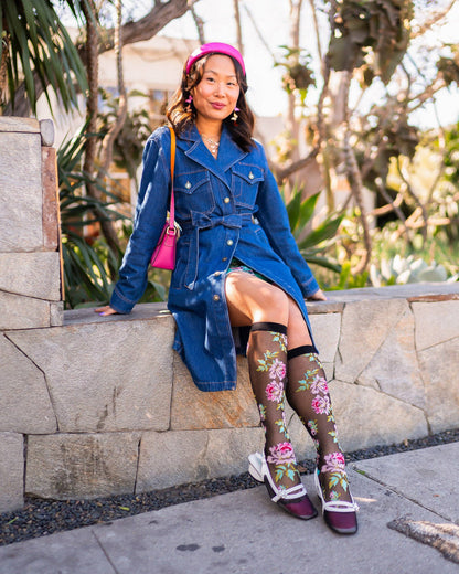 English Rose Black Sheer Knee High Socks