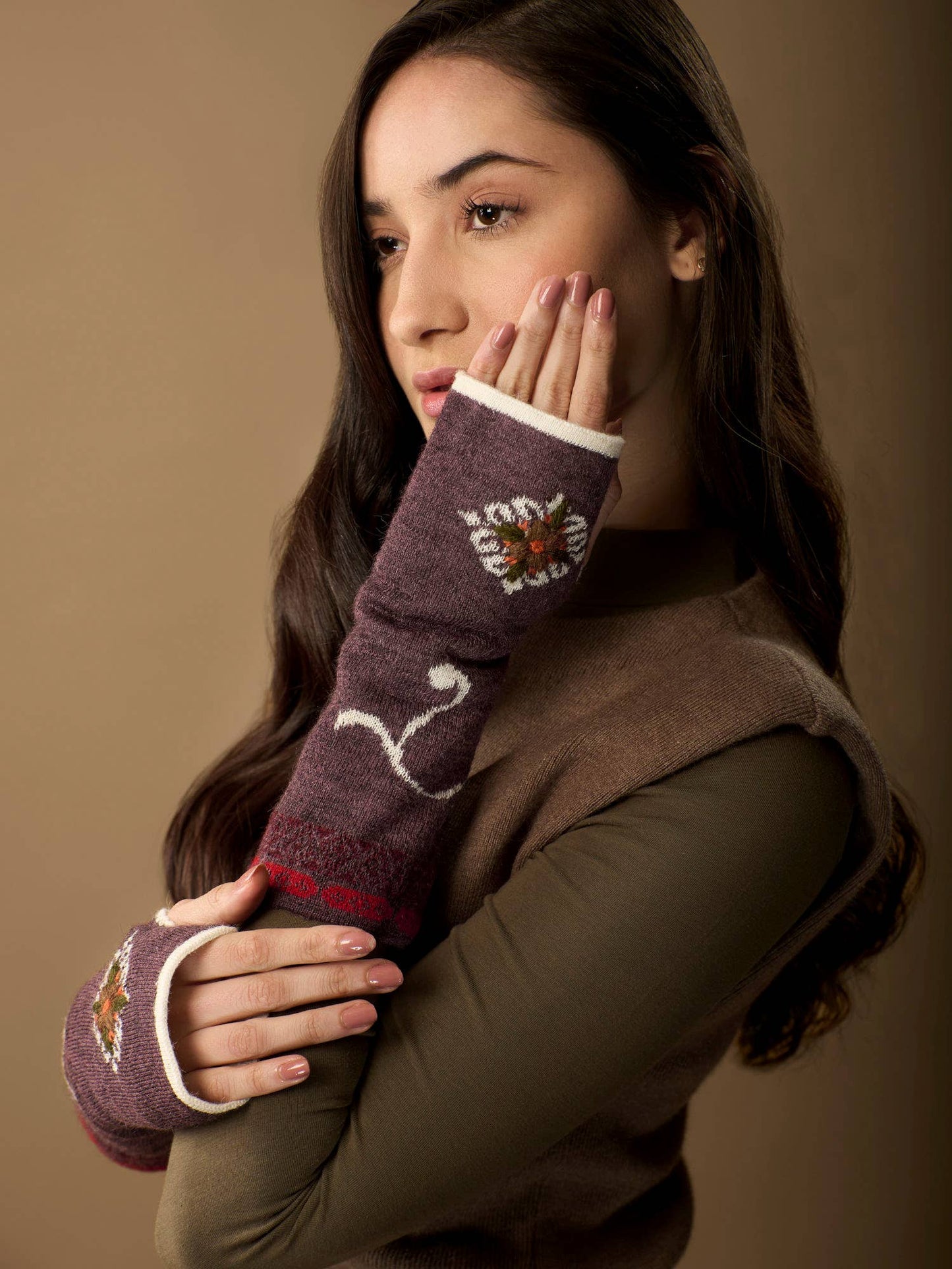 Eva Alpaca Wrist Warmers | Embroidery | Reversible | Fall