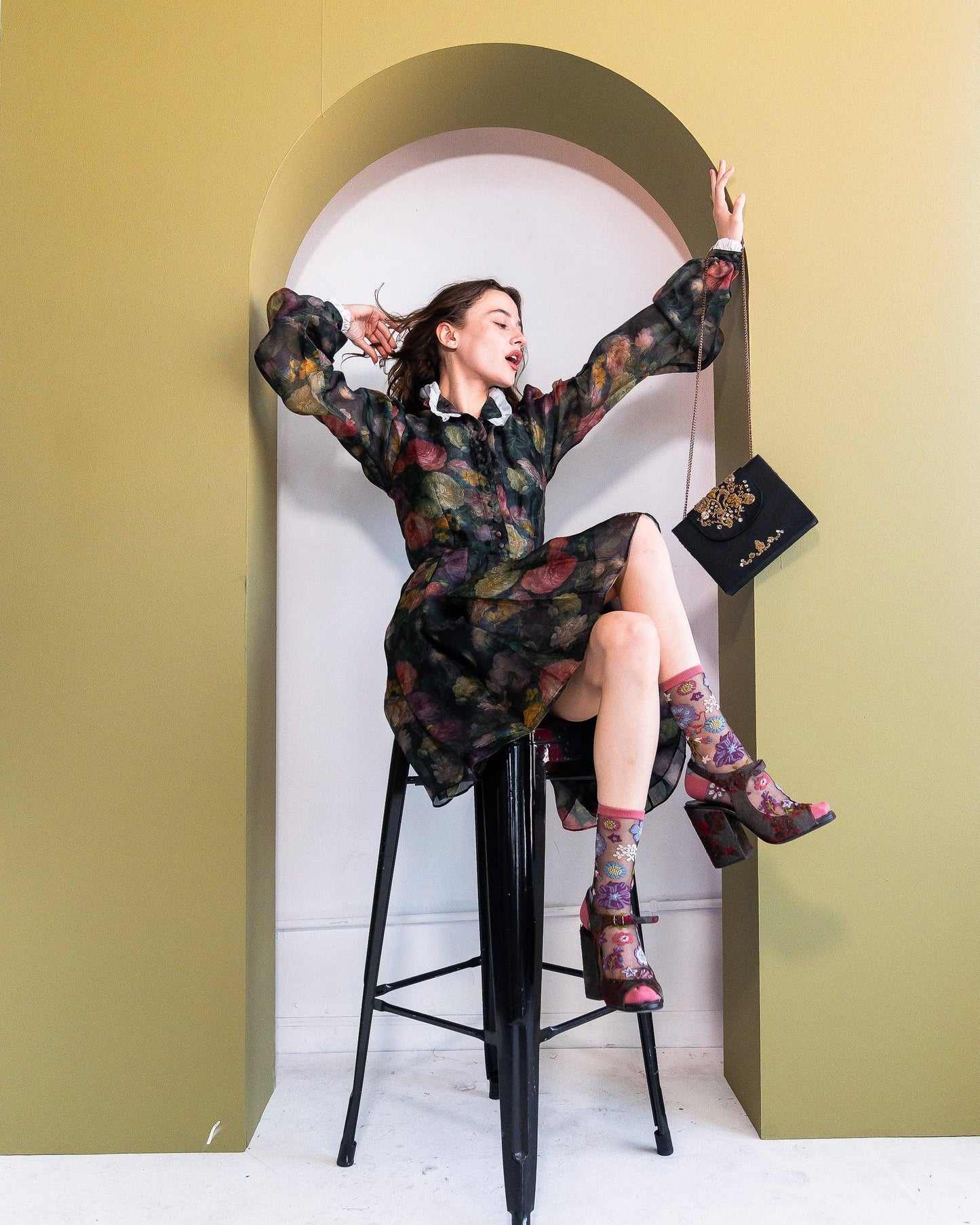 Dark Florals Black Sheer Crew Socks