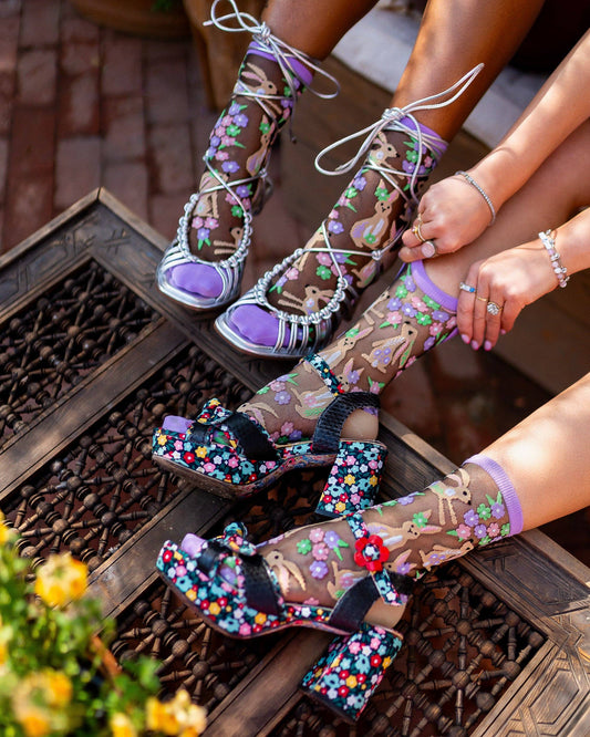 Rabbit Floral Black Sheer Crew Socks