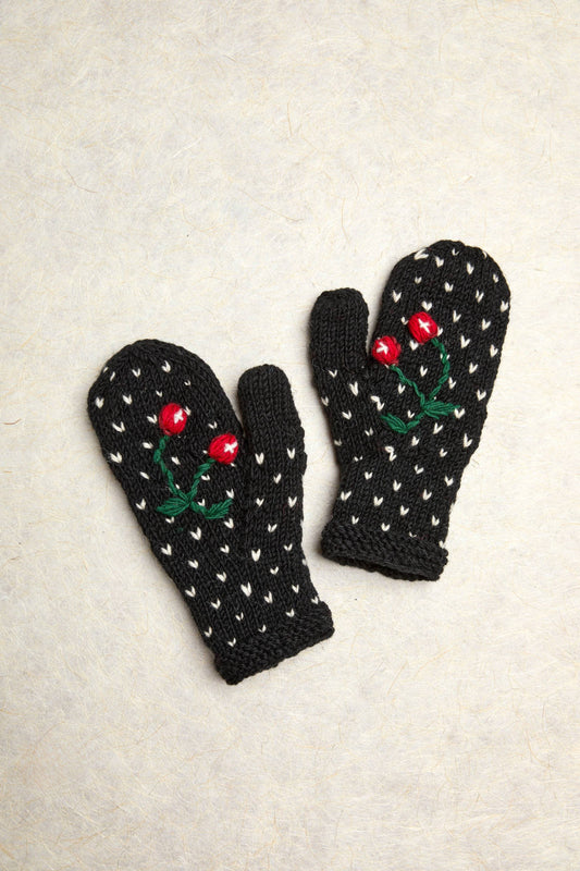 Cherries Noir Knit Mittens