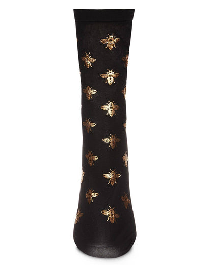 WOMEN'S GOLD FOIL BEAUTIFUL BEE SHEER FASHION CREW SOCK