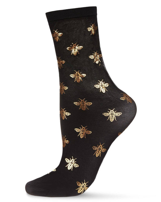 WOMEN'S GOLD FOIL BEAUTIFUL BEE SHEER FASHION CREW SOCK
