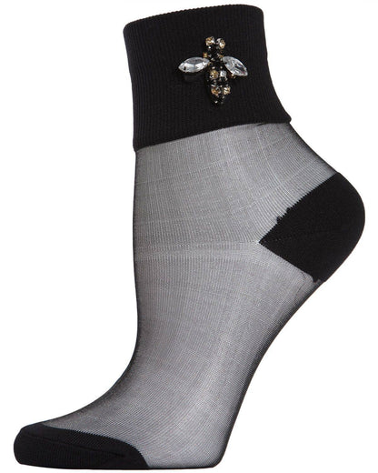 WOMEN'S QUEEN BEE RHINESTONE CUFF SHEER ANKLET SOCKS