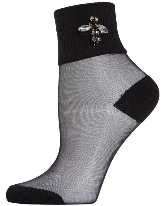 WOMEN'S QUEEN BEE RHINESTONE CUFF SHEER ANKLET SOCKS