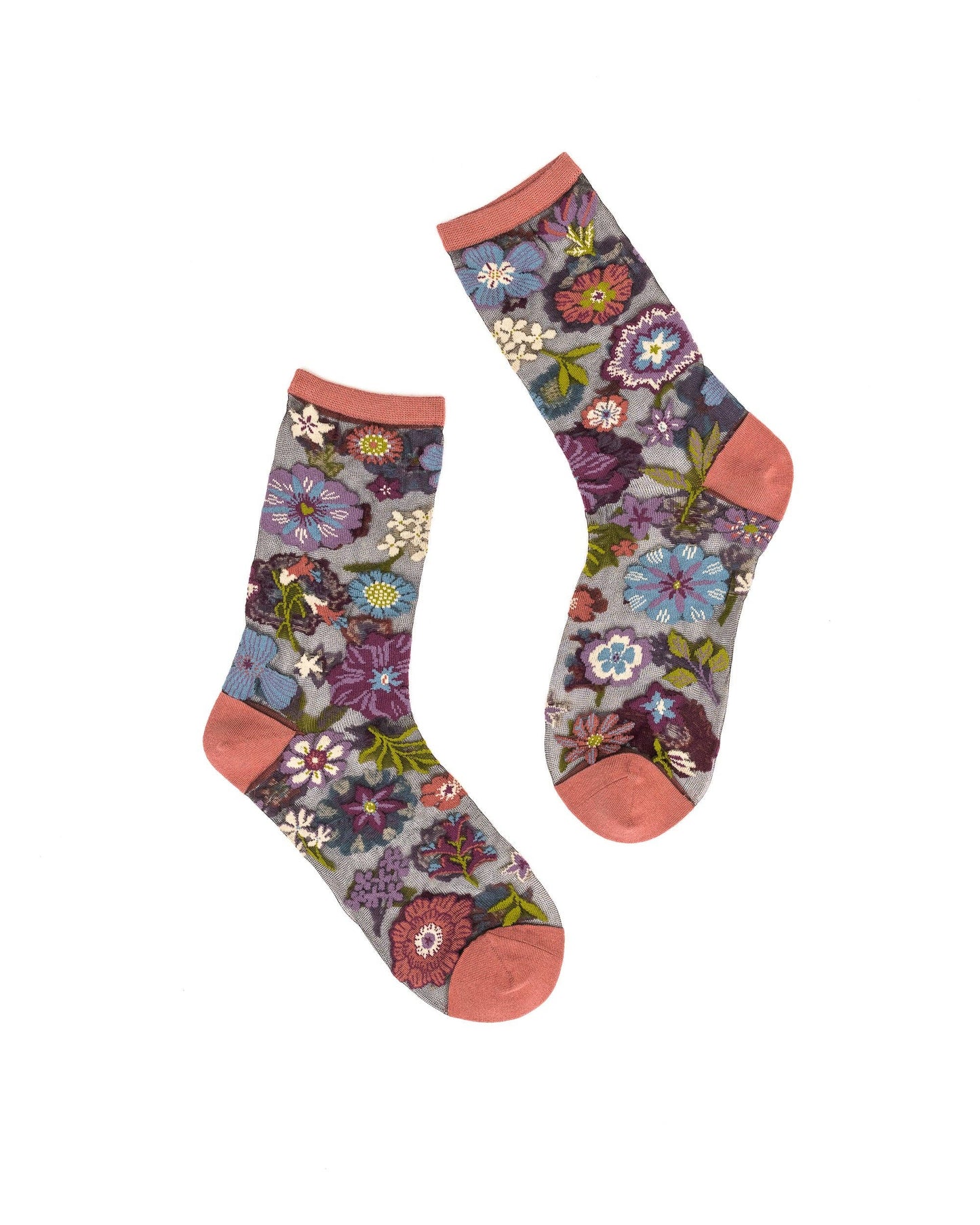 Dark Florals Black Sheer Crew Socks
