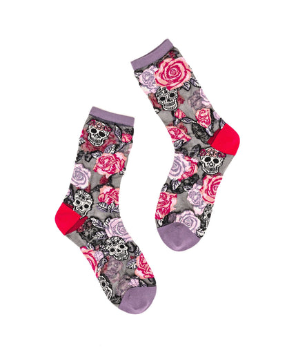 Skulls & Roses Black Sheer Crew Socks