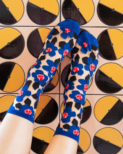 Bold Blue Floral Sheer Crew Socks
