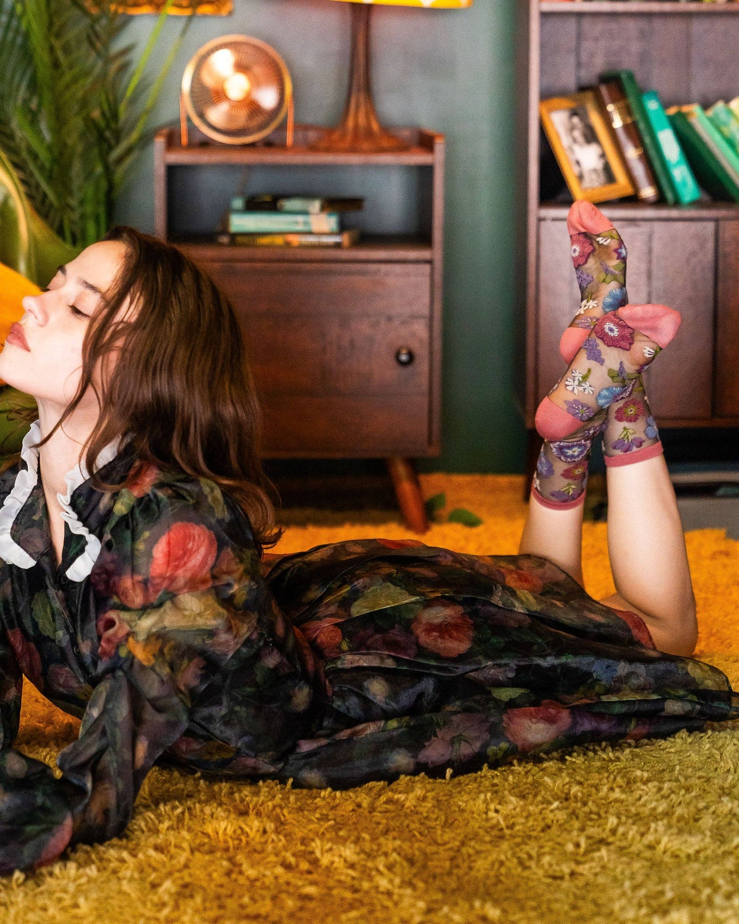 Dark Florals Black Sheer Crew Socks