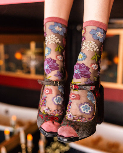 Dark Florals Black Sheer Crew Socks