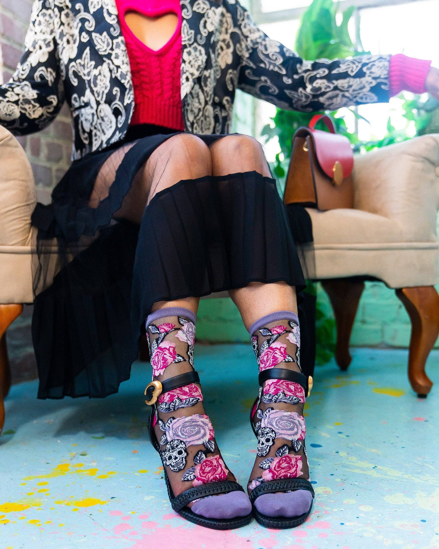 Skulls & Roses Black Sheer Crew Socks