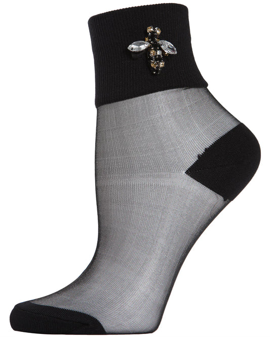 WOMEN'S QUEEN BEE RHINESTONE CUFF SHEER ANKLET SOCK