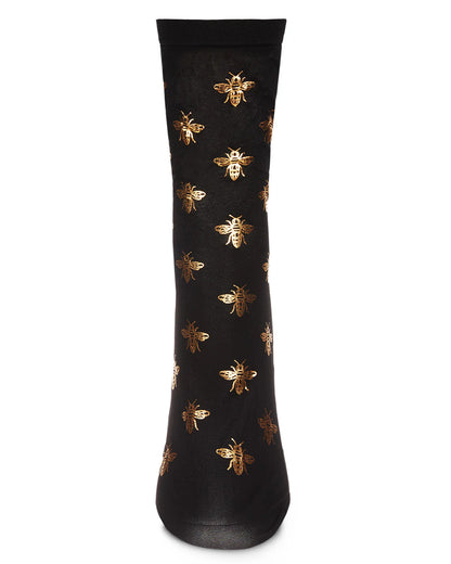 WOMEN'S GOLD FOIL BEAUTIFUL BEE SHEER FASHION CREW SOCK