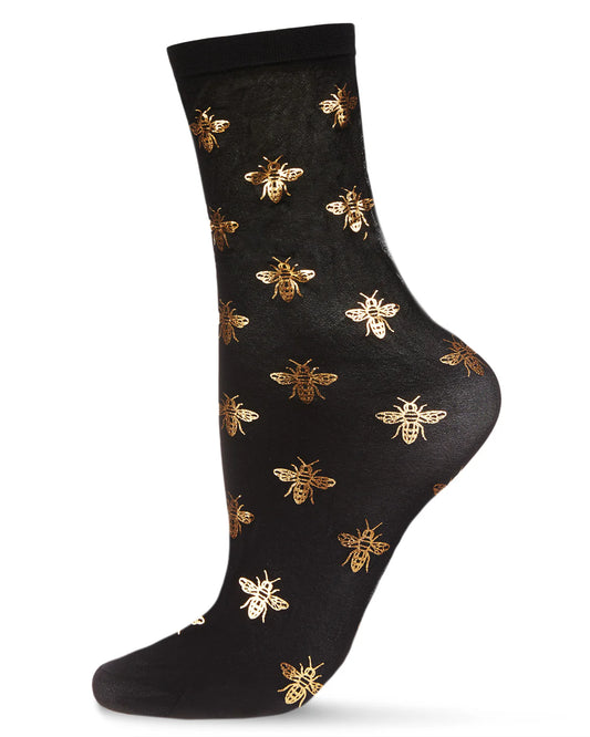 WOMEN'S GOLD FOIL BEAUTIFUL BEE SHEER FASHION CREW SOCK