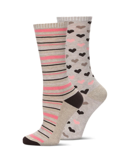 2 PAIR DIABETIC HEART/STRIPE HALF CUSHION BAMBOO CREW SOCKS