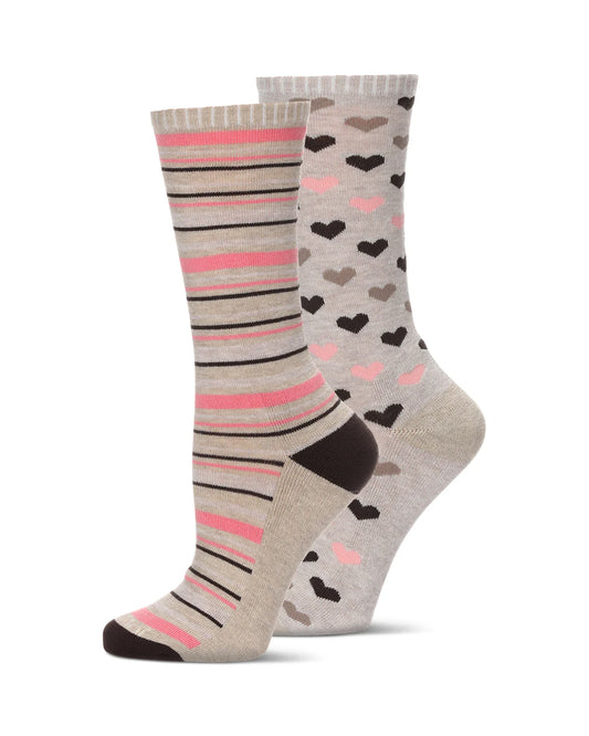2 PAIR DIABETIC HEART/STRIPE HALF CUSHION BAMBOO CREW SOCKS