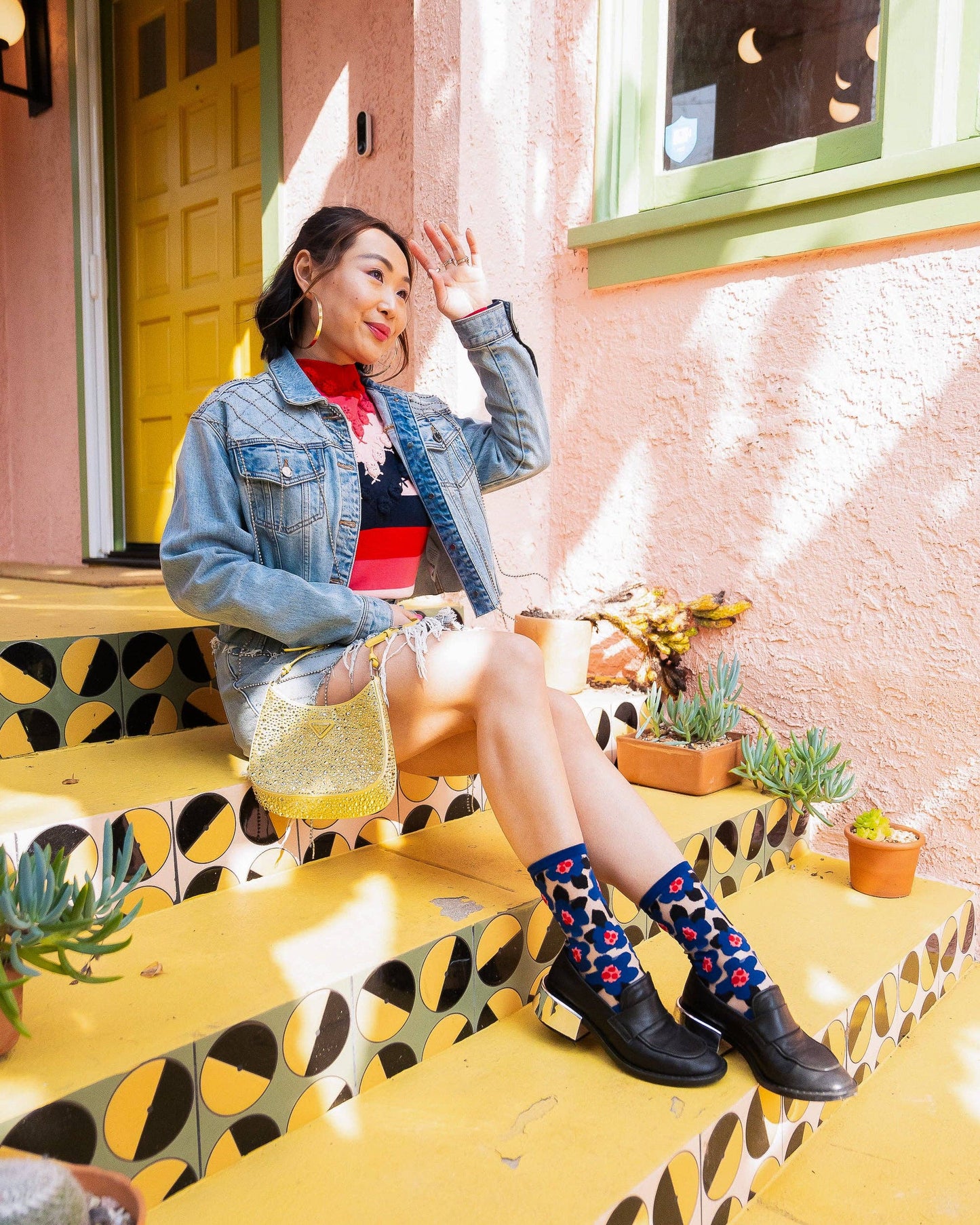Bold Blue Floral Sheer Crew Socks