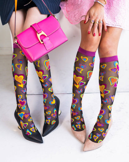 Y2K Hearts Black Sheer Knee High Socks
