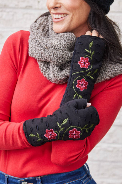 Primrose Ebony Fingerless Gloves | Fleece Jersey Gloves