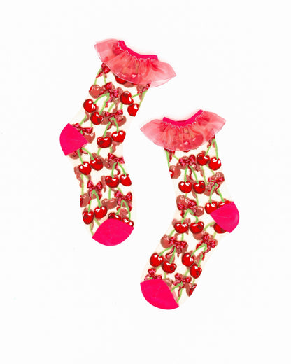 Cherry Bow Ruffle Sheer Crew Socks