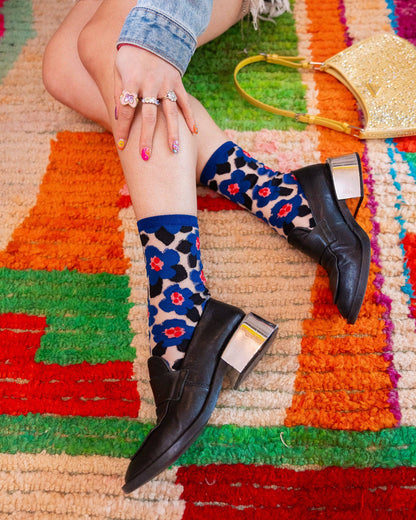 Bold Blue Floral Sheer Crew Socks