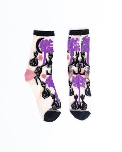 Nocturnal Halloween Cats Sheer Crew Sock