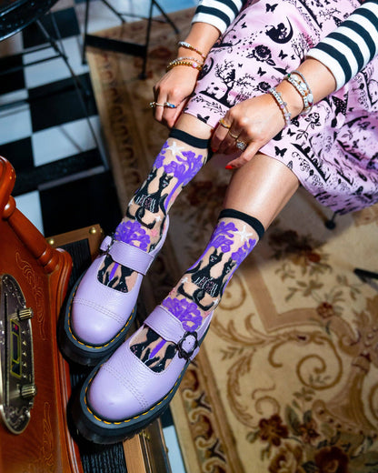 Nocturnal Halloween Cats Sheer Crew Sock