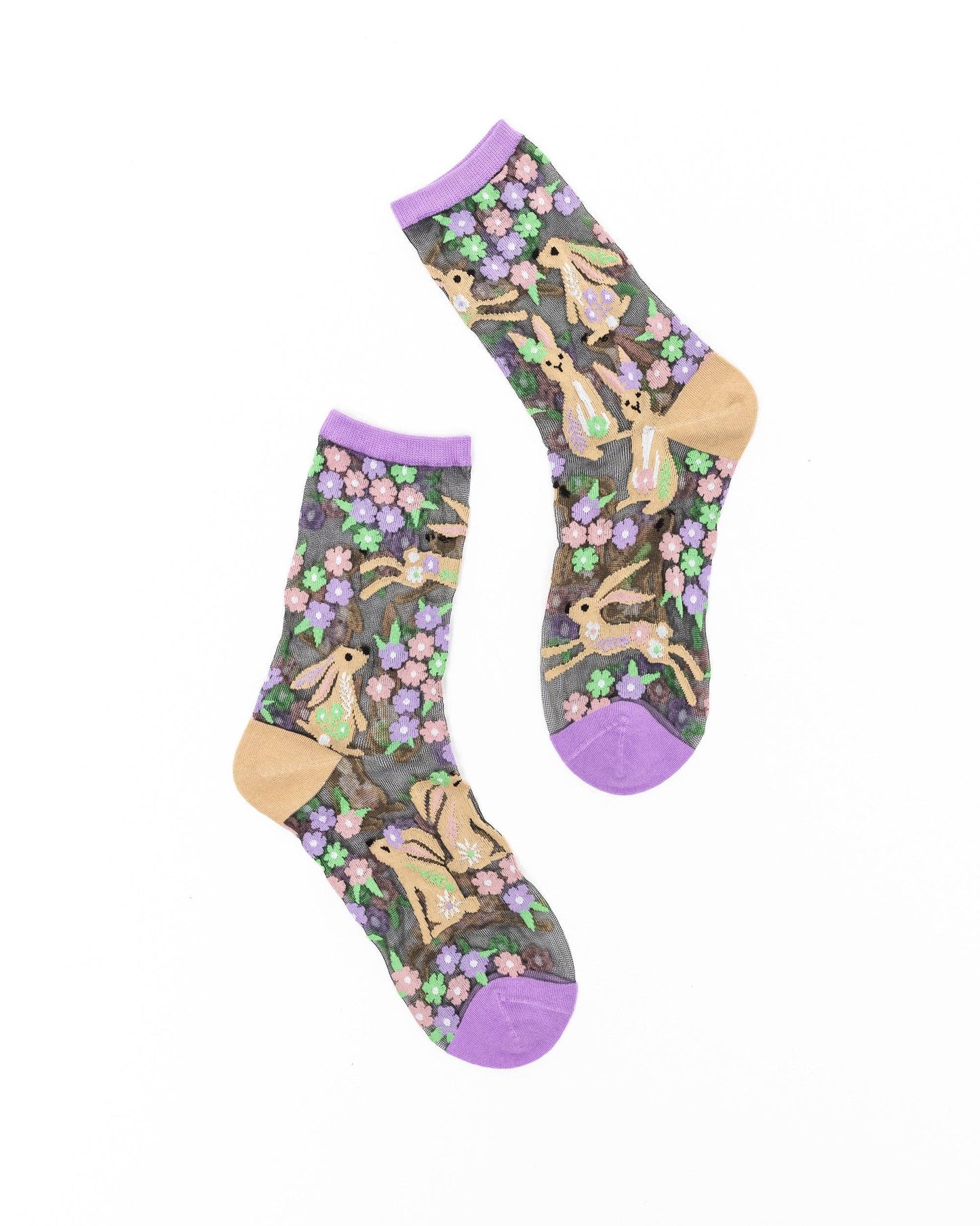 Rabbit Floral Black Sheer Crew Socks