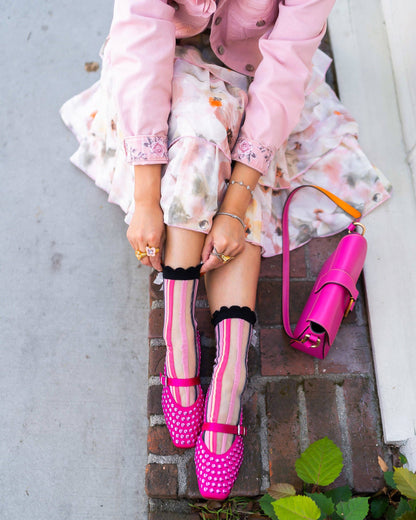 Parisian Stripe Ruffle Bow Sheer Crew Socks