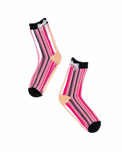 Parisian Stripe Ruffle Bow Sheer Crew Socks