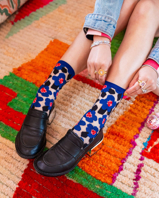 Bold Blue Floral Sheer Crew Socks