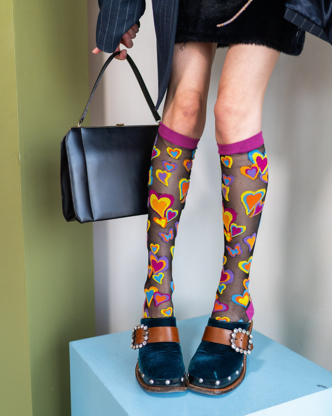 Y2K Hearts Black Sheer Knee High Socks