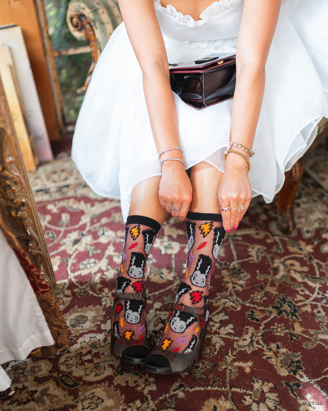 Bride of Frankenstein Shimmer Sheer Crew Socks